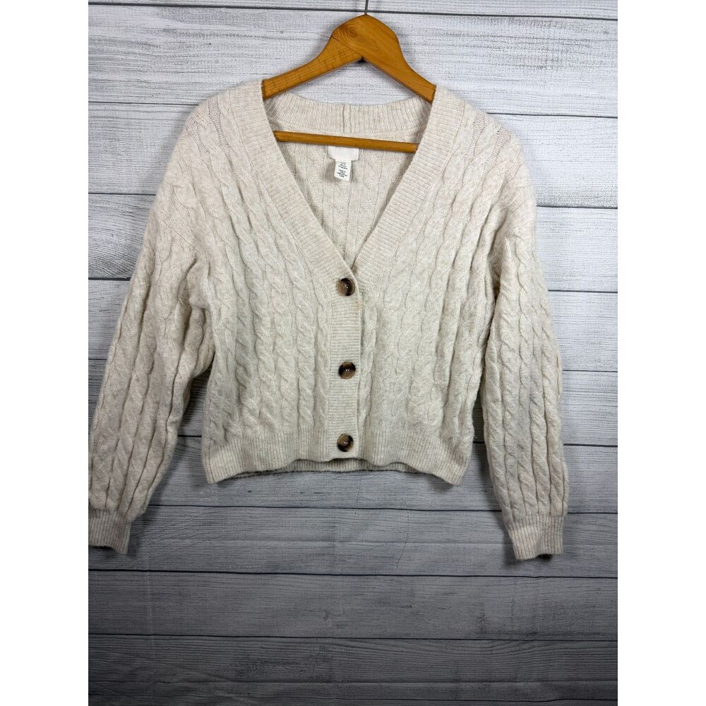 H&M Women's XS Cream Cable Knit Cropped V Neck Button Cardigan 0359